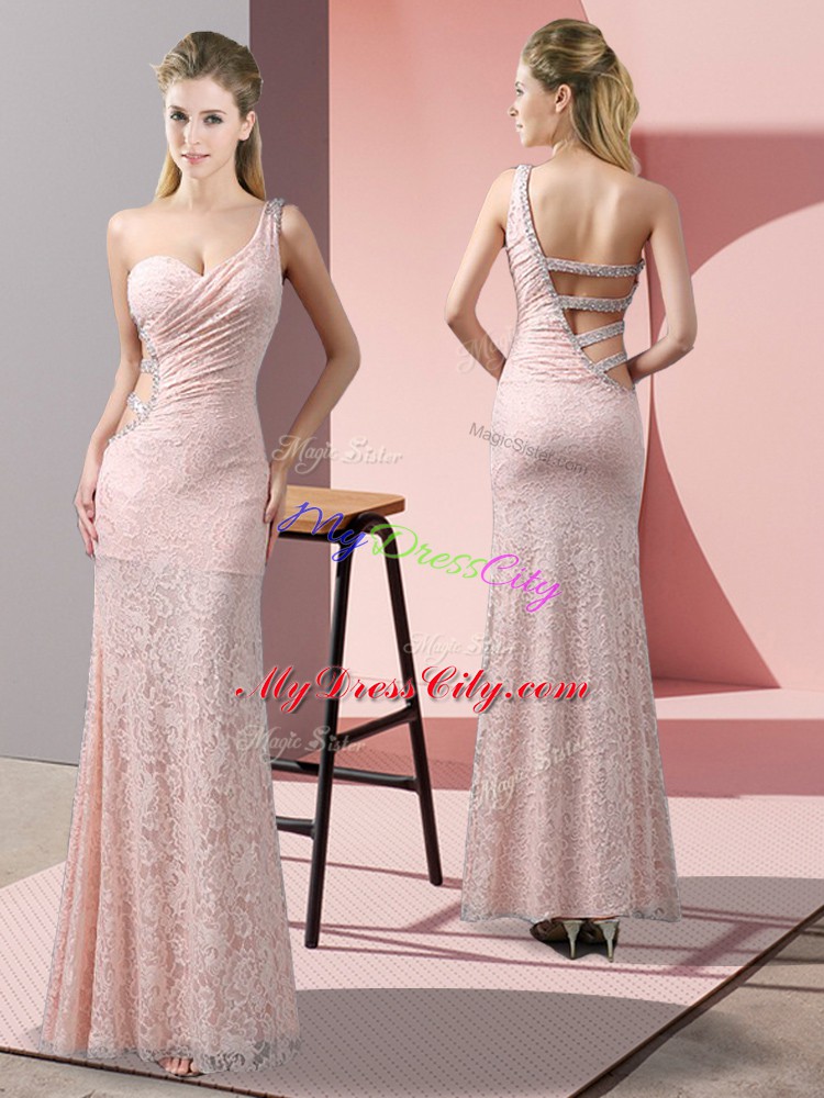 Clearance Baby Pink One Shoulder Criss Cross Beading and Lace Evening Dresses Sleeveless