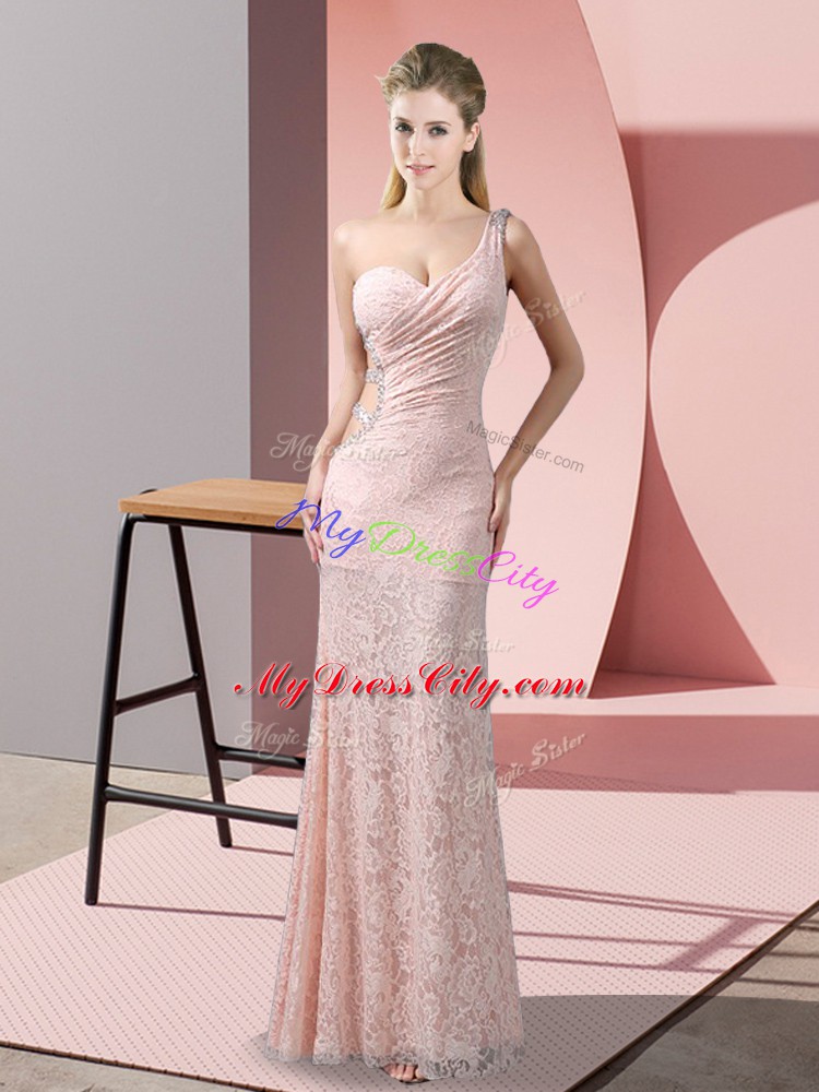 Clearance Baby Pink One Shoulder Criss Cross Beading and Lace Evening Dresses Sleeveless