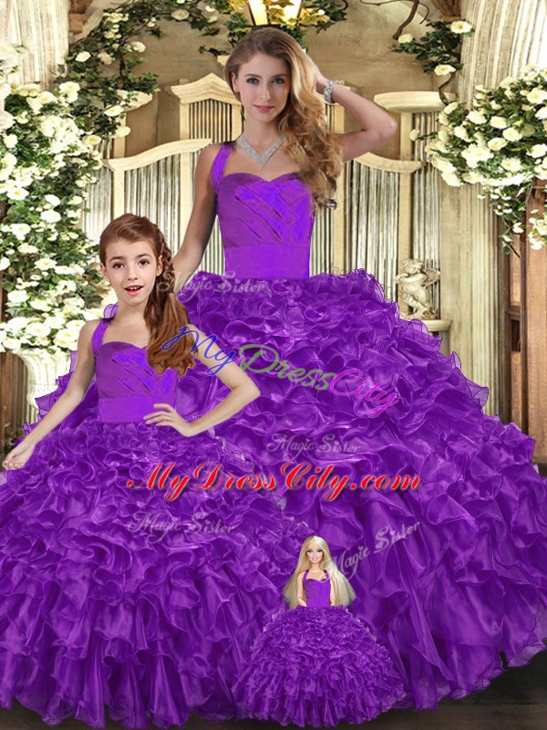 Purple Organza Lace Up Vestidos de Quinceanera Sleeveless Floor Length Ruffles