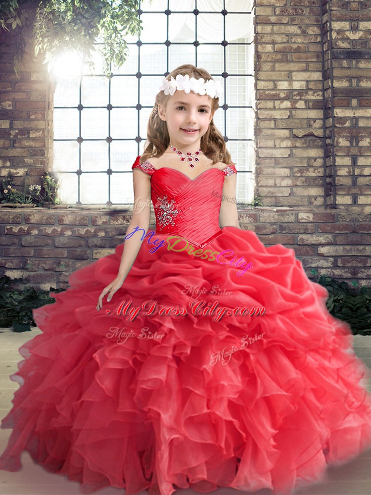 Excellent Red Ball Gowns Straps Sleeveless Organza Floor Length Lace Up Beading Pageant Dress Toddler