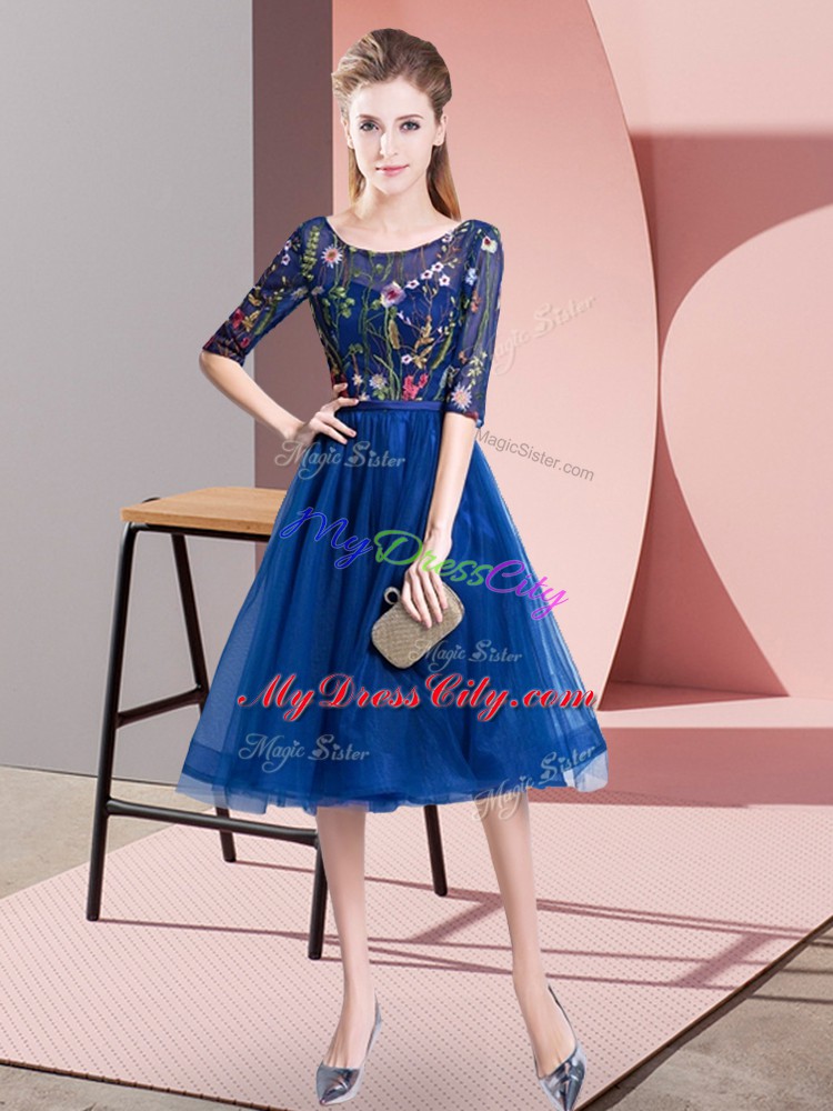 Smart Royal Blue Lace Up Scoop Embroidery Bridesmaids Dress Tulle Half Sleeves