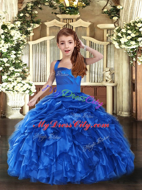 Stylish Straps Sleeveless Organza Girls Pageant Dresses Ruffles Lace Up