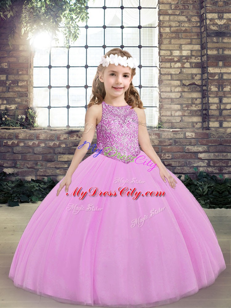 New Arrival Scoop Sleeveless Lace Up Kids Formal Wear Lilac Tulle