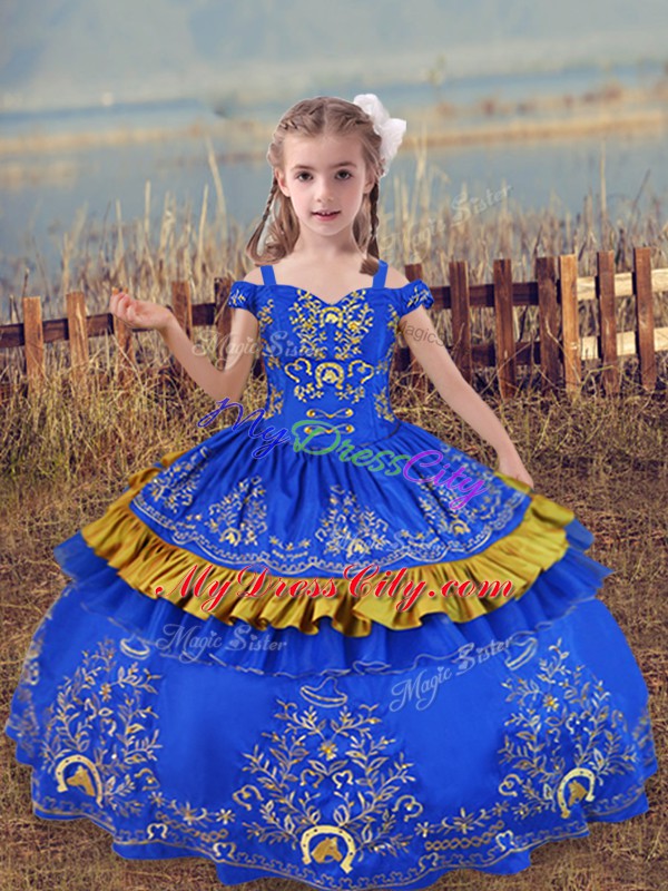 On Sale Floor Length Ball Gowns Sleeveless Blue Girls Pageant Dresses Lace Up