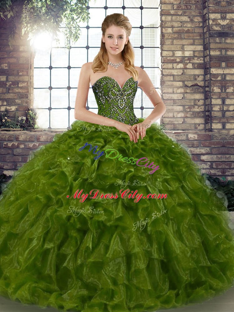 Custom Designed Olive Green Ball Gowns Sweetheart Sleeveless Organza Floor Length Lace Up Beading and Ruffles Vestidos de Quinceanera