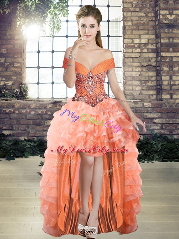 Perfect Orange Off The Shoulder Lace Up Beading and Ruffled Layers Prom Evening Gown Sleeveless