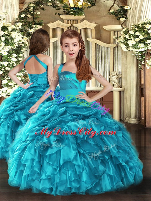 Ball Gowns Little Girls Pageant Gowns Baby Blue Straps Organza Sleeveless Floor Length Lace Up