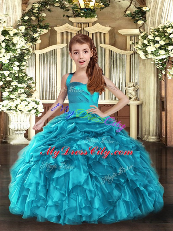 Ball Gowns Little Girls Pageant Gowns Baby Blue Straps Organza Sleeveless Floor Length Lace Up