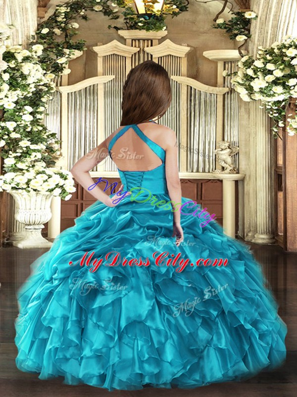 Ball Gowns Little Girls Pageant Gowns Baby Blue Straps Organza Sleeveless Floor Length Lace Up