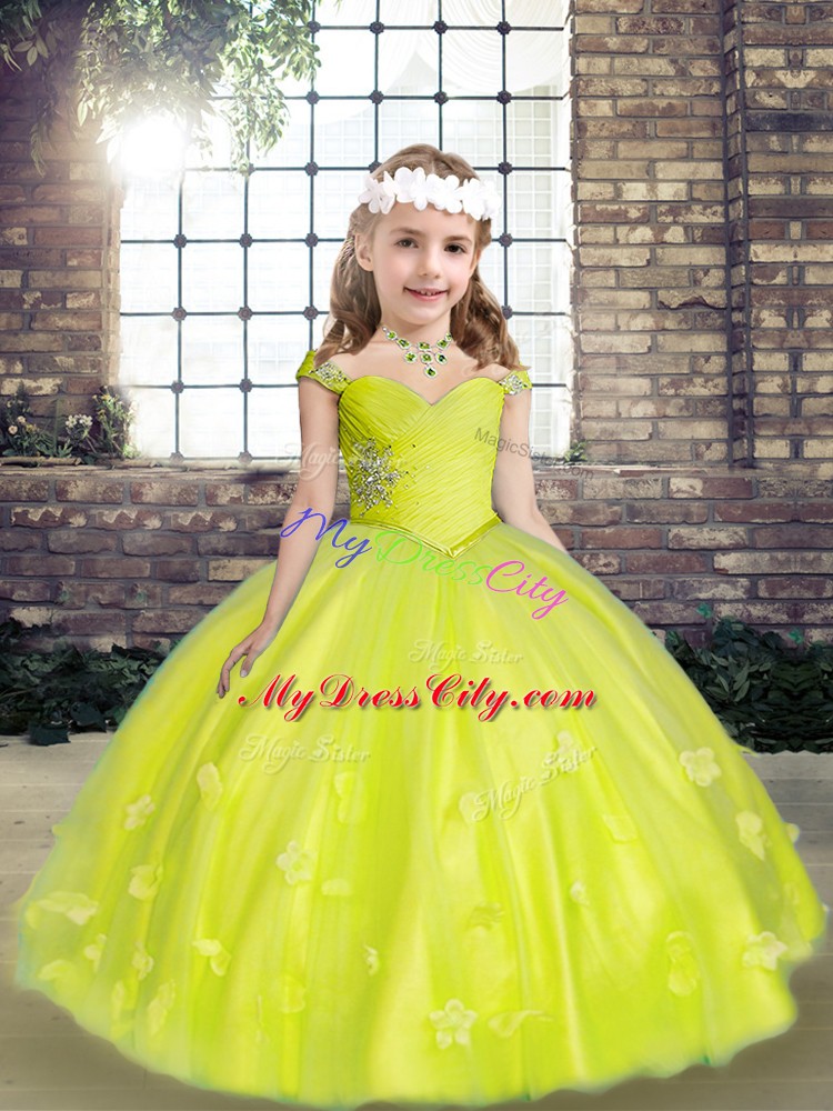 Popular Yellow Green Ball Gowns Straps Sleeveless Tulle Floor Length Lace Up Beading and Hand Made Flower Pageant Dress Wholesale