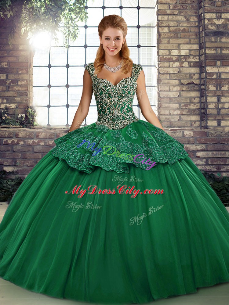 High Class Sleeveless Floor Length Beading and Appliques Lace Up Sweet 16 Quinceanera Dress with Green