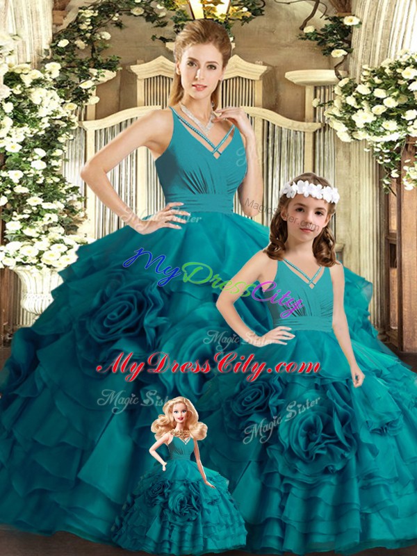 On Sale V-neck Sleeveless Quinceanera Gown Brush Train Ruffles Teal Organza