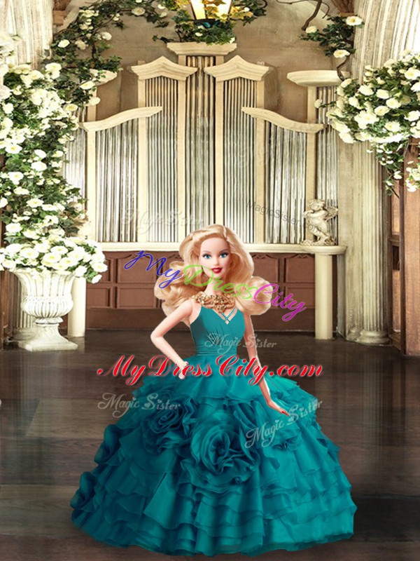 On Sale V-neck Sleeveless Quinceanera Gown Brush Train Ruffles Teal Organza