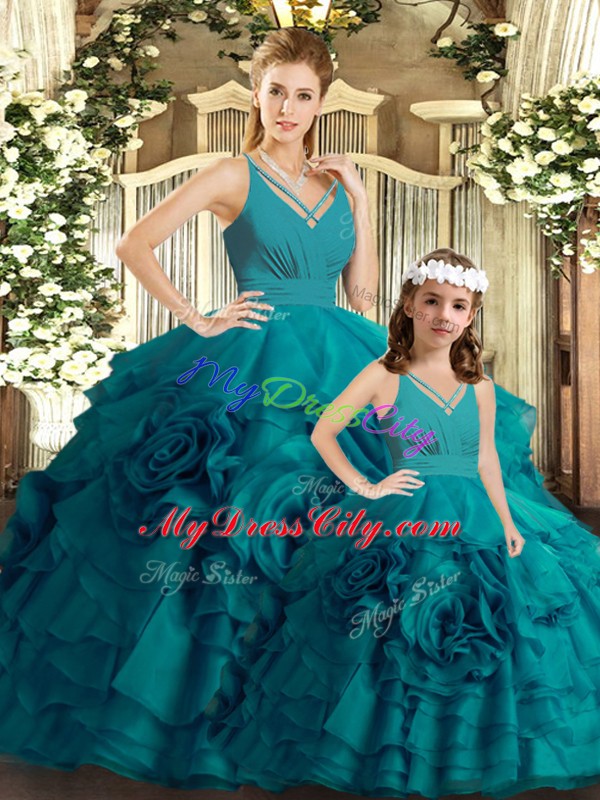 On Sale V-neck Sleeveless Quinceanera Gown Brush Train Ruffles Teal Organza