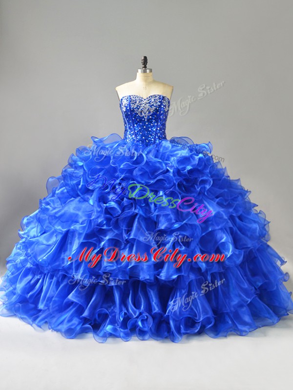 Royal Blue Organza Lace Up 15th Birthday Dress Sleeveless Beading and Ruffles