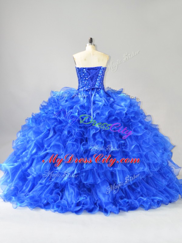 Royal Blue Organza Lace Up 15th Birthday Dress Sleeveless Beading and Ruffles