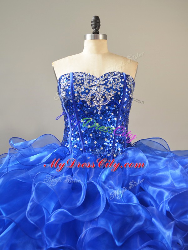 Royal Blue Organza Lace Up 15th Birthday Dress Sleeveless Beading and Ruffles