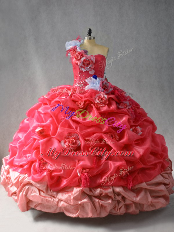 Pick Ups and Hand Made Flower Quinceanera Dresses Coral Red Lace Up Sleeveless Floor Length