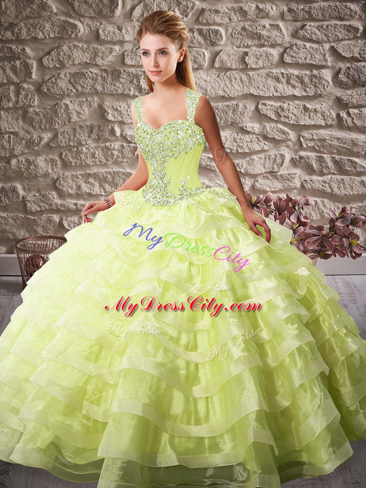 Fantastic Yellow Green Straps Lace Up Beading and Ruffled Layers Sweet 16 Dress Court Train Sleeveless