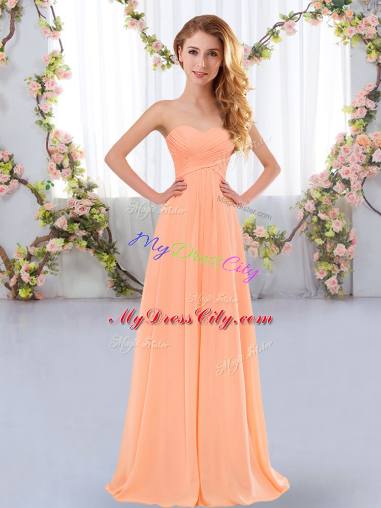 Great Floor Length Peach Wedding Guest Dresses Chiffon Sleeveless Ruching