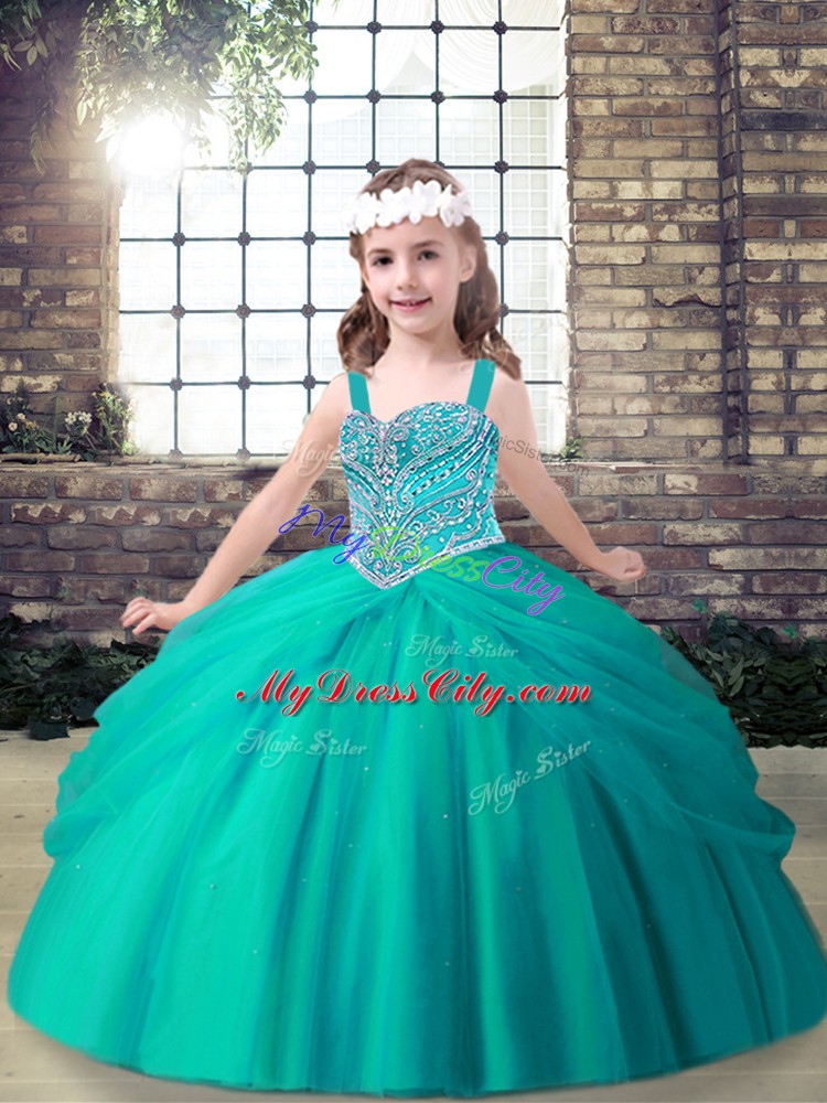 Graceful Beading Little Girl Pageant Dress Aqua Blue Lace Up Sleeveless Floor Length