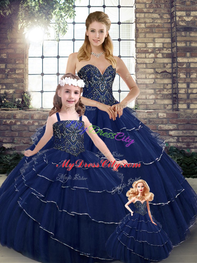 Lace Up 15th Birthday Dress Navy Blue for Military Ball and Sweet 16 and Quinceanera with Beading and Ruffled Layers Brush Train