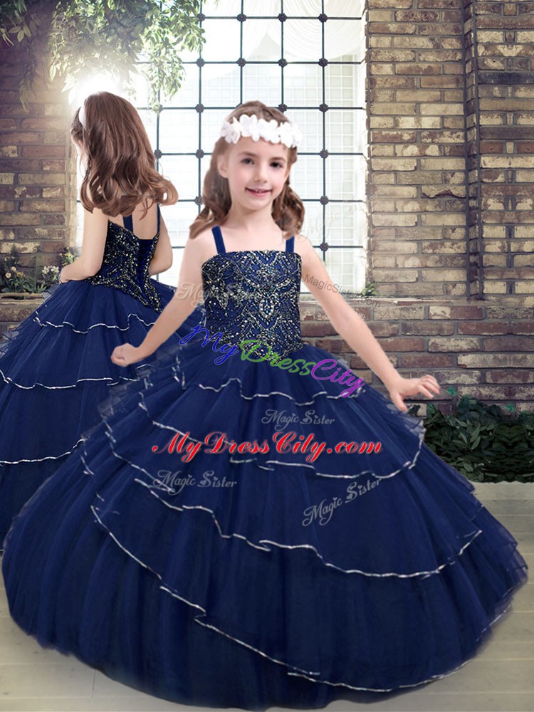 Lace Up 15th Birthday Dress Navy Blue for Military Ball and Sweet 16 and Quinceanera with Beading and Ruffled Layers Brush Train