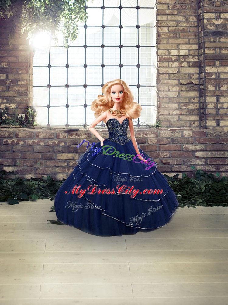 Lace Up 15th Birthday Dress Navy Blue for Military Ball and Sweet 16 and Quinceanera with Beading and Ruffled Layers Brush Train