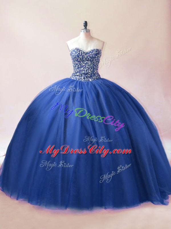 Blue Ball Gowns Beading Quinceanera Dress Lace Up Tulle Sleeveless Floor Length