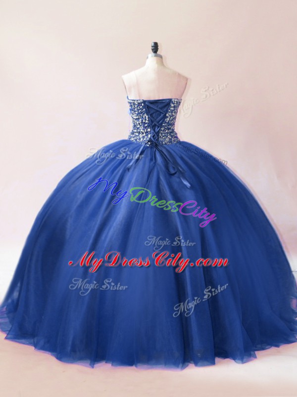 Blue Ball Gowns Beading Quinceanera Dress Lace Up Tulle Sleeveless Floor Length