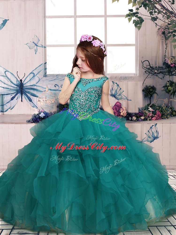 Floor Length Ball Gowns Sleeveless Turquoise Child Pageant Dress Zipper