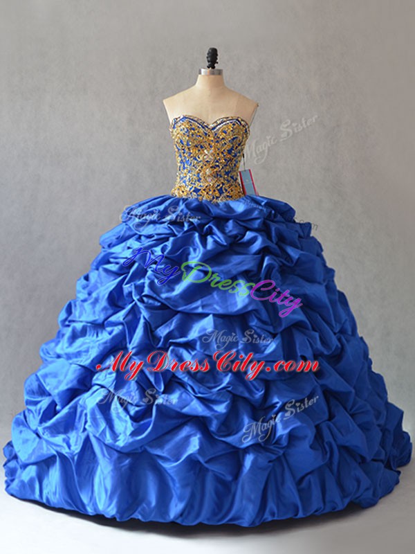 Perfect Blue Taffeta Lace Up Quinceanera Dresses Sleeveless Beading and Pick Ups