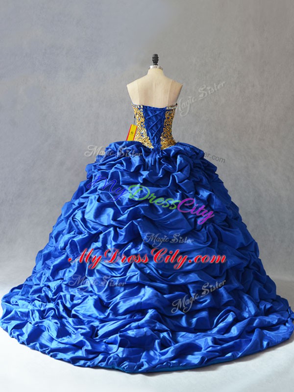 Perfect Blue Taffeta Lace Up Quinceanera Dresses Sleeveless Beading and Pick Ups