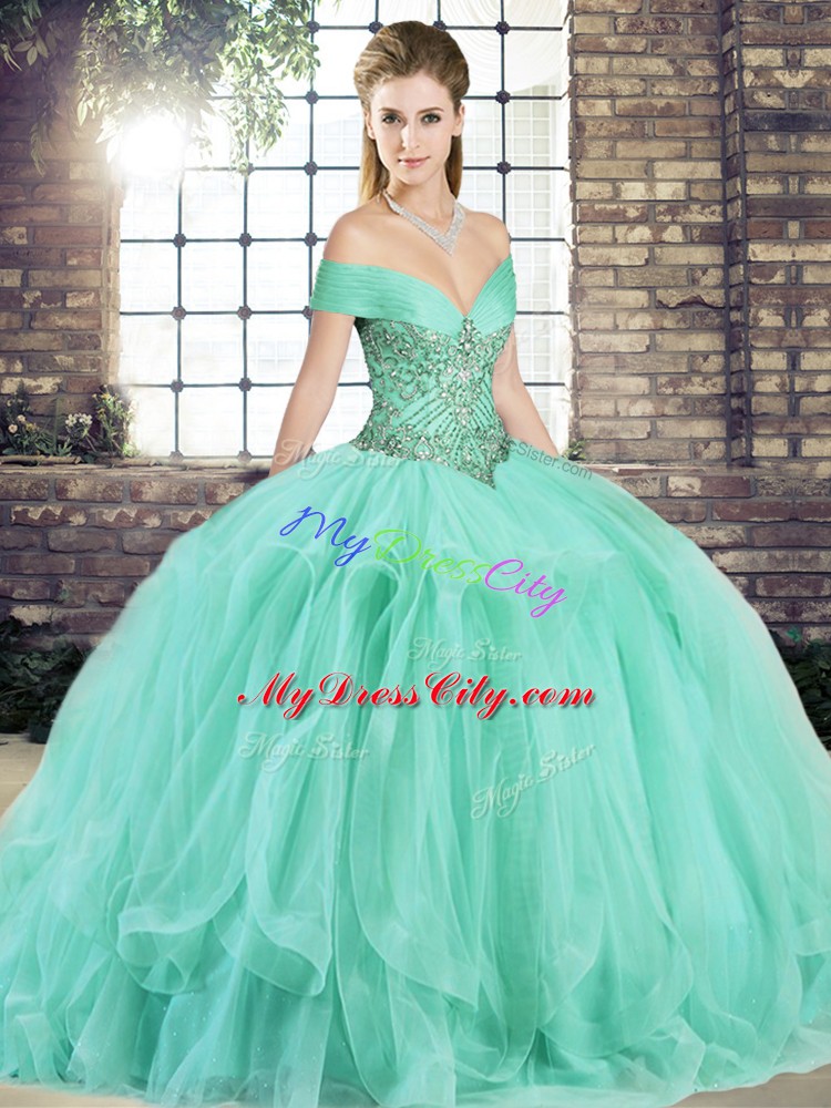 Exquisite Apple Green Ball Gowns Off The Shoulder Sleeveless Tulle Floor Length Lace Up Beading and Ruffles Quinceanera Dresses