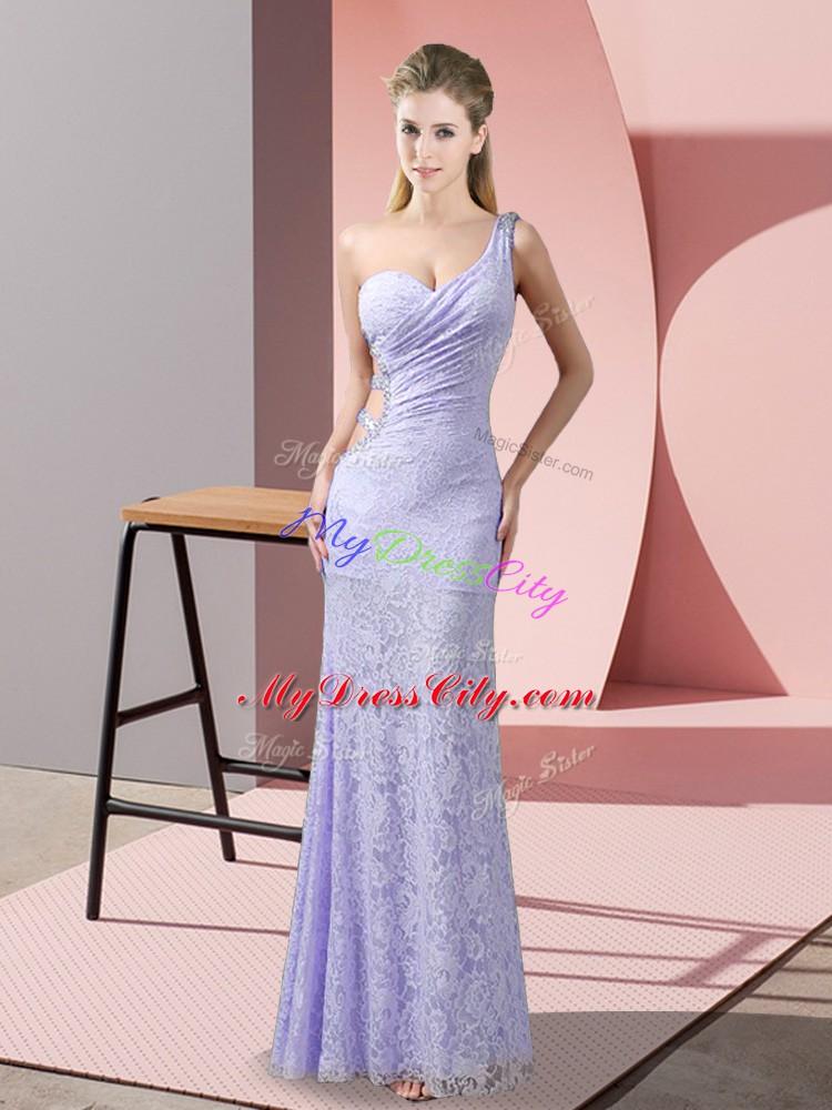 Dramatic Sleeveless Lace Floor Length Criss Cross Formal Dresses in Lavender with Beading and Lace