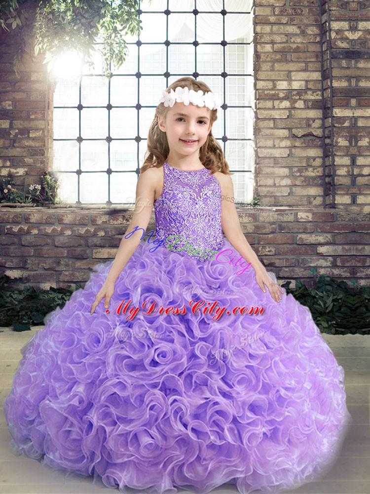 Fashion Sleeveless Fabric With Rolling Flowers Floor Length Lace Up Glitz Pageant Dress in Lavender with Beading and Ruching