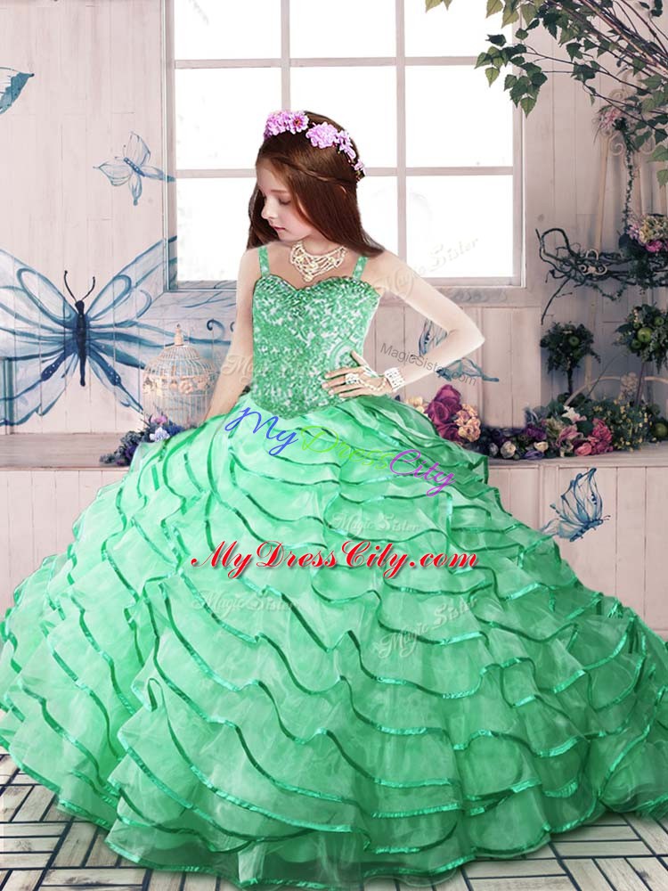 Custom Fit Lace Up Pageant Dress for Teens Apple Green for Party and Wedding Party with Beading and Ruffled Layers Court Train