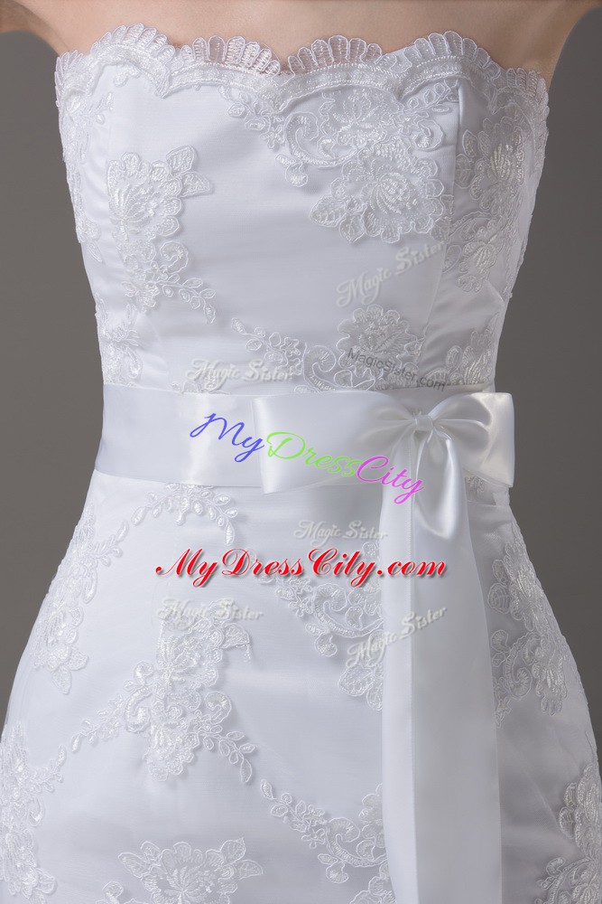 Sleeveless Lace and Belt Zipper Wedding Dresses with White Brush Train