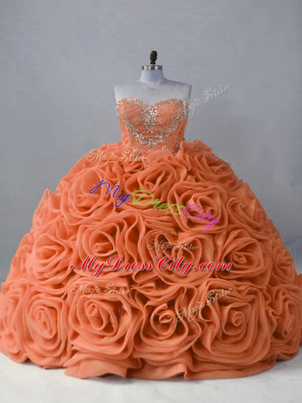 Orange Lace Up 15 Quinceanera Dress Beading Sleeveless Brush Train