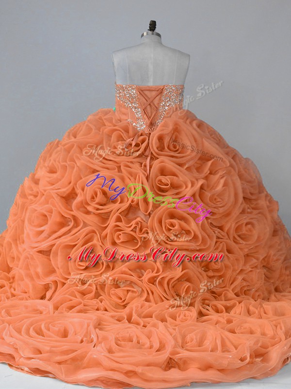 Orange Lace Up 15 Quinceanera Dress Beading Sleeveless Brush Train