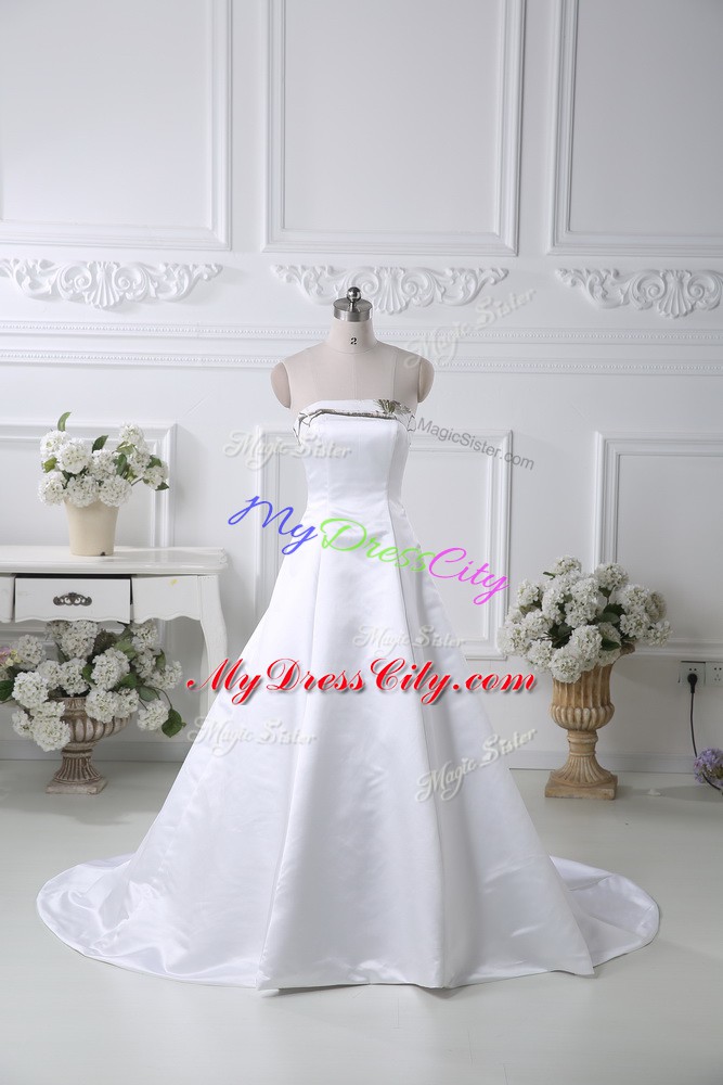 White Lace Up Strapless Pattern Wedding Dresses Satin Sleeveless Brush Train