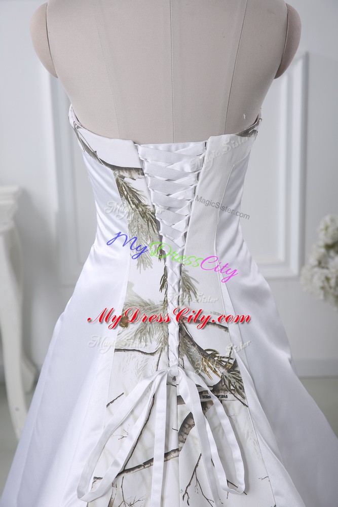 White Lace Up Strapless Pattern Wedding Dresses Satin Sleeveless Brush Train