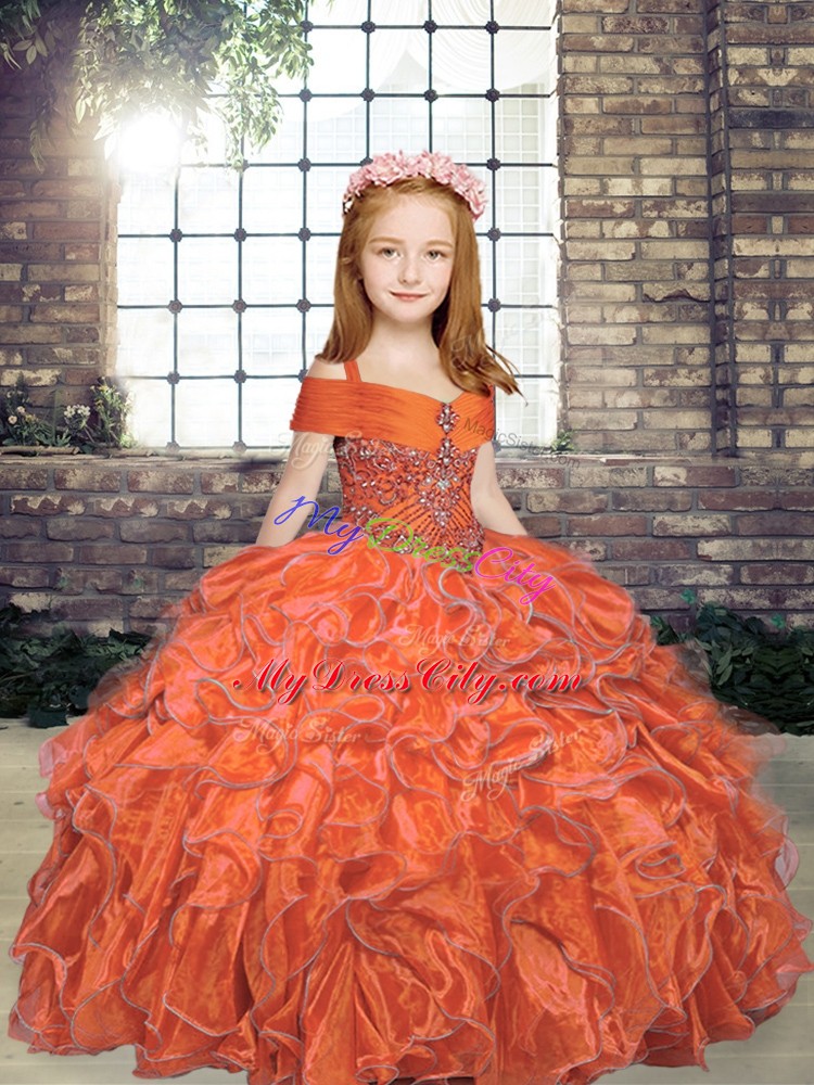 Orange Ball Gowns Beading Pageant Gowns For Girls Lace Up Organza Sleeveless Floor Length