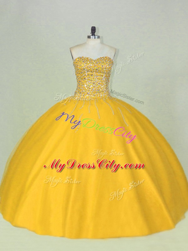 Customized Gold Tulle Lace Up Ball Gown Prom Dress Sleeveless Floor Length Beading