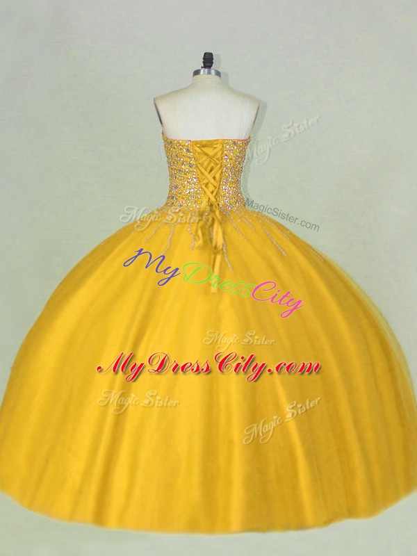 Customized Gold Tulle Lace Up Ball Gown Prom Dress Sleeveless Floor Length Beading