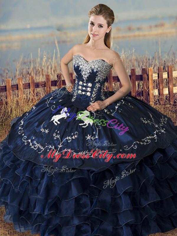 Custom Made Sleeveless Floor Length Embroidery and Ruffles Lace Up Sweet 16 Quinceanera Dress with Navy Blue