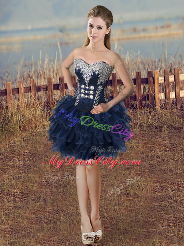 Custom Made Sleeveless Floor Length Embroidery and Ruffles Lace Up Sweet 16 Quinceanera Dress with Navy Blue