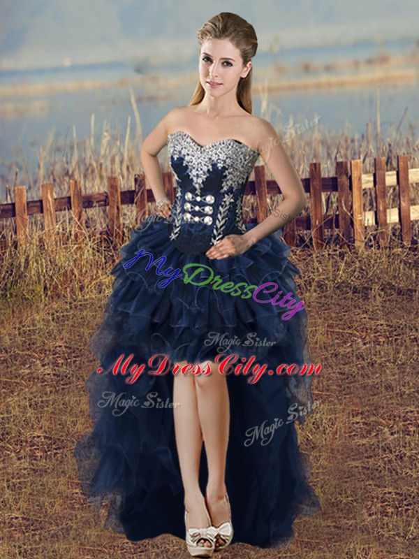 Custom Made Sleeveless Floor Length Embroidery and Ruffles Lace Up Sweet 16 Quinceanera Dress with Navy Blue