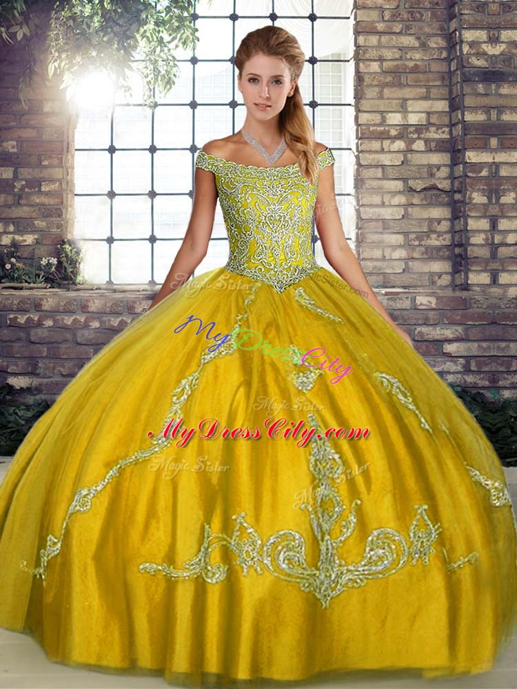 Floor Length Gold Quinceanera Dresses Off The Shoulder Sleeveless Lace Up