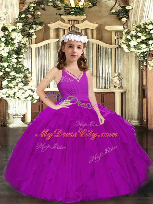 Popular Purple Ball Gowns Ruffles Pageant Dress for Teens Zipper Tulle Sleeveless Floor Length